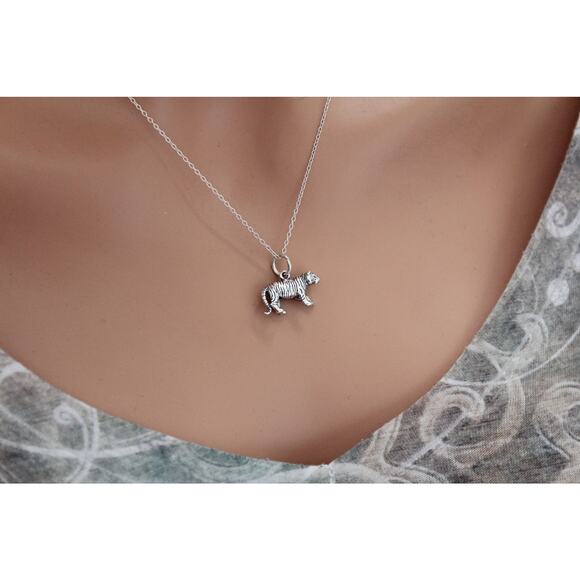 Sterling Silver Tiger Charm Necklace, Sterling Silver Oxidized Tiger Necklace - Picture 2 of 6